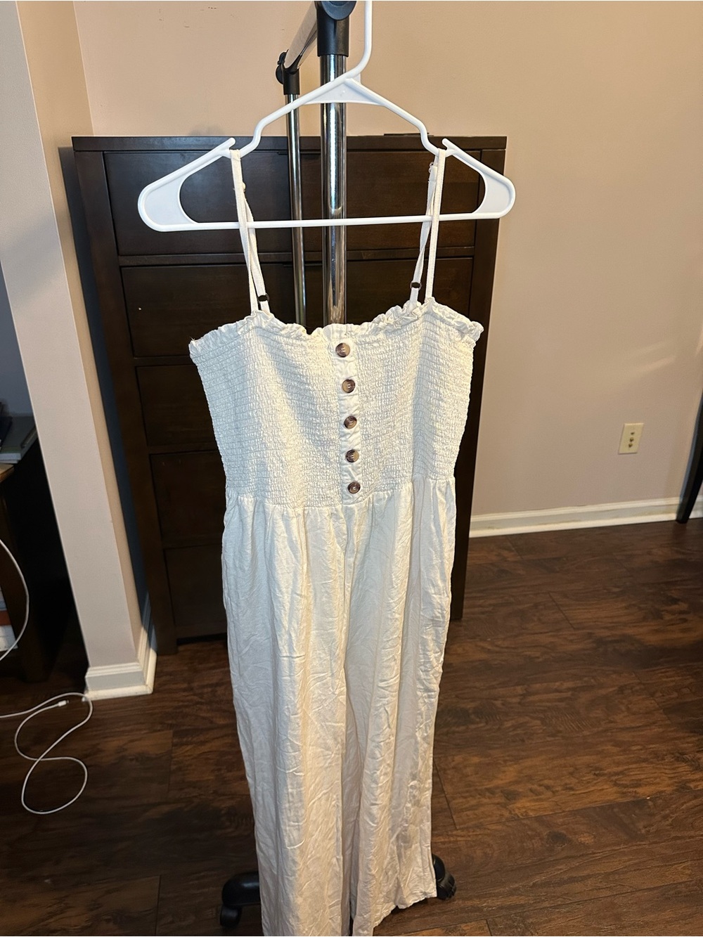 Women's Cream Button-Front Jumpsuit with Smocked Bodice